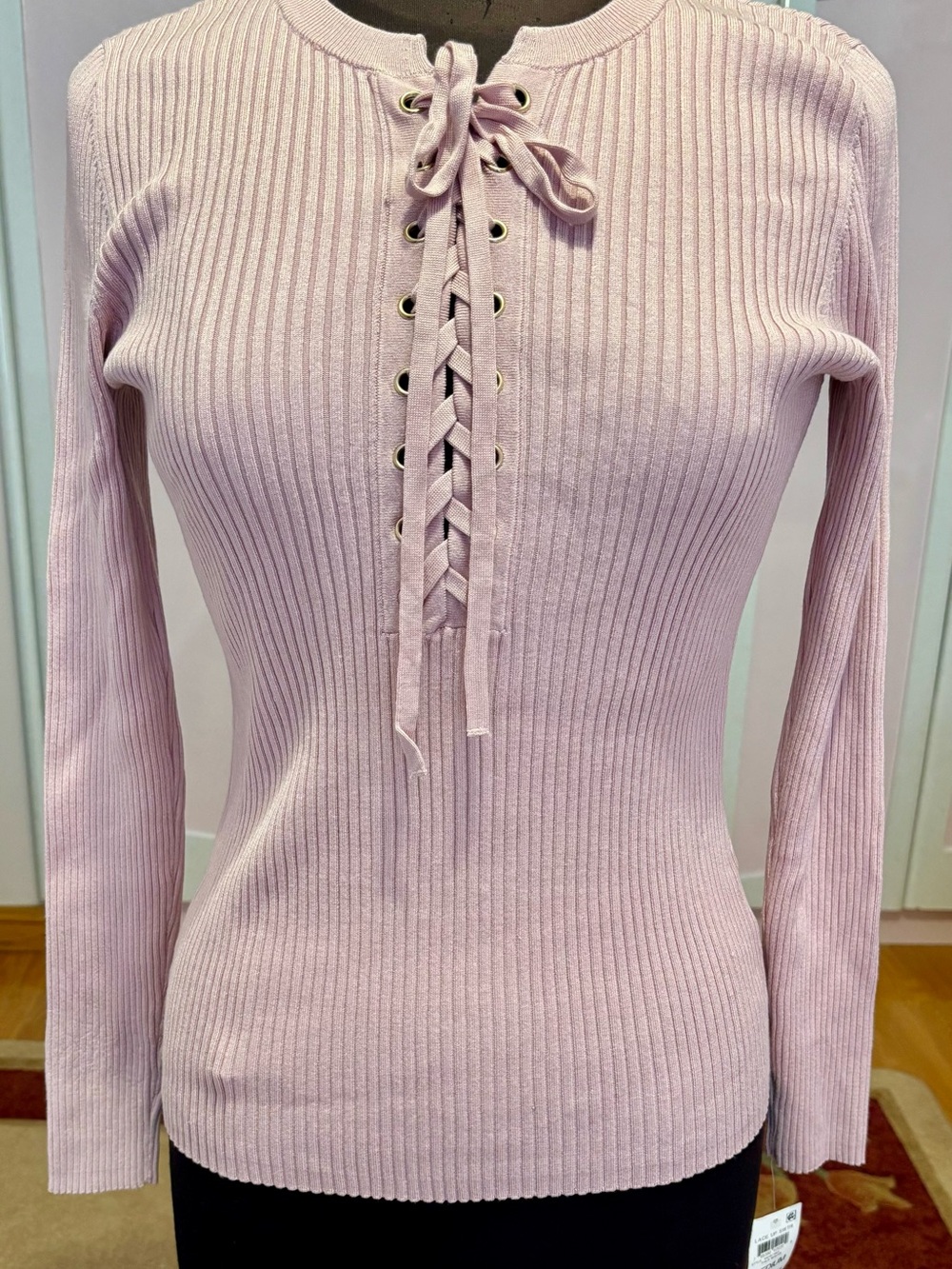 INC International Concepts Lace-Up Ribbed Long Sleeve Top - Pale Pink